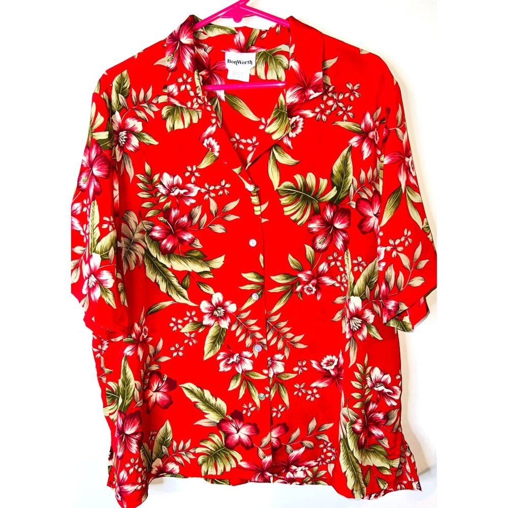 BonWorth Red Floral Short Sleeve Button-Down Shirt XL 100% Polyester
